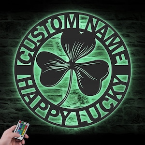 Arte de pared de metal con trébol de tres hojas personalizado, luz LED, letrero con nombre personalizado para el día de San Patricio, decoración para el hogar, trébol, decoración irlandesa de la suerte, cumpleaños