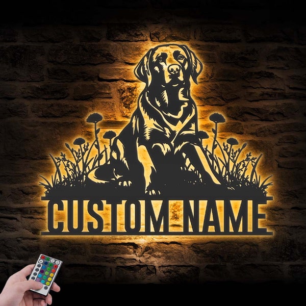 Custom Chocolate Labrador Metal Wall Art LED Light Personalized Lab Dog Name Sign Home Decor Pet Animal Kid Nursery Decoration Christmas