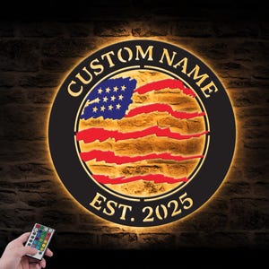Custom Distressed US Flag Metal Wooden Wall Art LED Light Personalized American Flag Name Sign Home Decor Man Cave Decoration Christmas