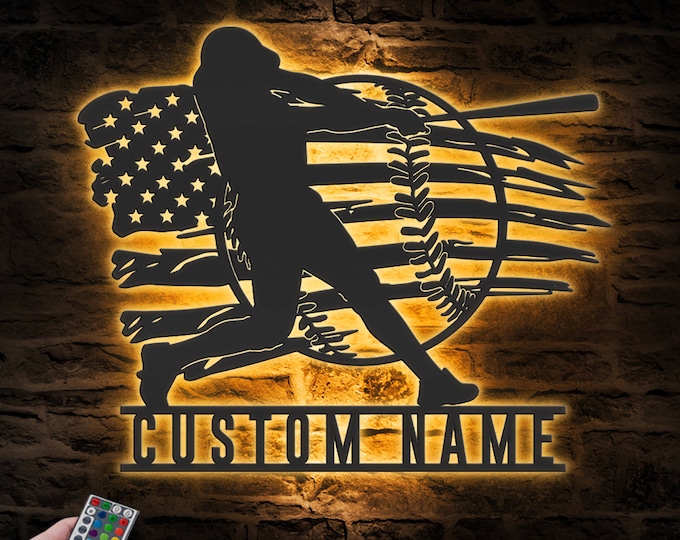 Custom Baseball US Flag Metal Wall Art LED Light Personalized American Softball Player Name Sign Home Decor Kid Nursery Decoration Birthday