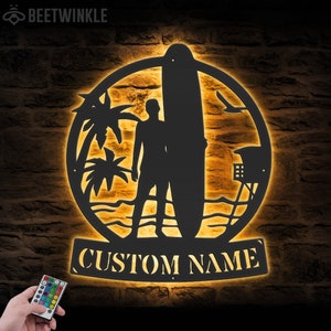 Benutzerdefinierte Welle Surfen Metall Wand Kunst LED-Licht Personalisierte Surfer Reitwelle Namensschild Wohnkultur Surfbrett Dekoration Geburtstag Weihnachtsgeschenke