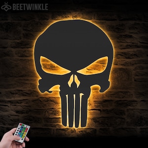 Punisher Skull Metal Wall Art LED Light Skull Sign Home Decor We The People Patriotic Decoration Housewarming Birthday Dad Gift