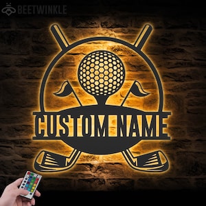 Arte de parede de metal personalizada para golfe, luz LED, placa com nome do jogador de golfe, decoração para casa, taco de golfe de 19 buracos, decoração de aniversário, Natal, presentes para o pai
