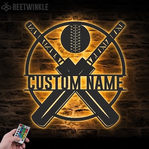Custom Ball Cricket Bat Metal Wall Art LED Light Personalized Cricket Player Name Sign Home Decor Decoration Man Cave Birthday Xmas Gifts