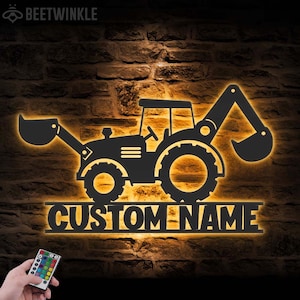 Custom Excavator Driver Metal Wall Art LED Light Personalized Excavator Digger Name Sign Home Decor Kids Room Trucks Boys Nursery Decoration