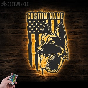 Custom German Shepherd US Flag Metal Wall Art LED Light Personalized Dog Lover Name Sign Home Decor Kid Nursery Pet Decoration Birthday Xmas