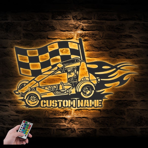 Custom Racing Flag Sprint Car Metal Wall Art LED Lights Personalized Racer Name Sign Home Decor Car Racing Decoration Man Cave Christmas