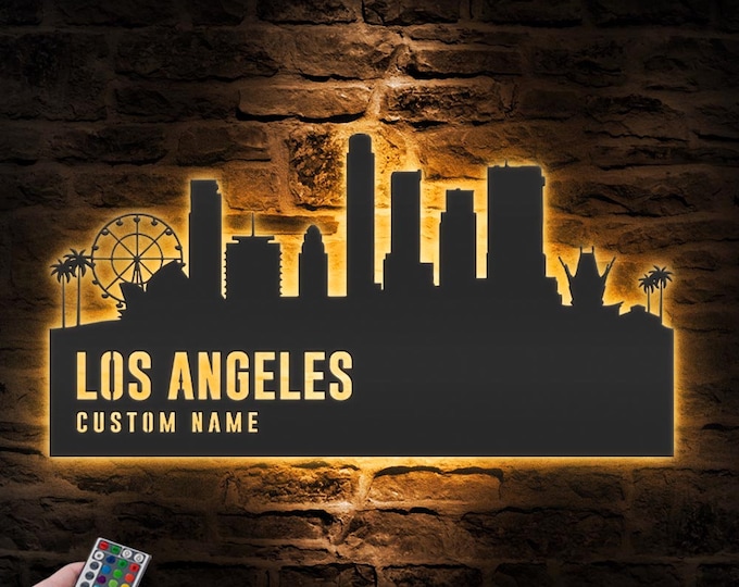 Custom Los Angeles Skyline Metal Wall Art LED Light Personalized California Home Cityscape Name Sign Decor Born In Los Angeles Decoration