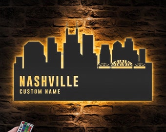Custom Nashville Skyline Metal Wall Art LED Light Personalized Tennessee Home Cityscape Name Sign Home Decor Born In Nashville Decoration
