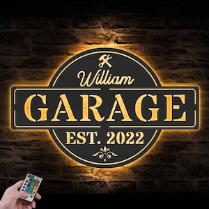 Custom Garage Metal Wall Art LED Light Personalized Workshop Name Sign Home Decor Car Mechanic Repair Decoration Repairman Birthday Xmas