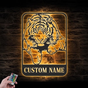 Custom Tiger Metal Wall Art LED Lights Personalized Tiger Lover Name Sign Home Decor Wild Animal Nursery Decoration Housewarming Birthday