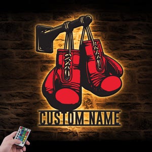 Custom Colorful Boxing Gloves Metal Wooden Wall Art LED Light Personalized Boxer Name Sign Home Decor Man Cave Gym Room Decoration Dad Gift