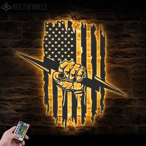 US Lineman Electrician Metal Wall Art LED Light Electrician Hero Name Sign Home Decor Distressed US lighting Decoration Powerline Technician