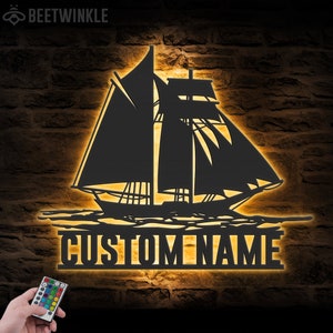 Custom Sailing Schooner Topsail Metal Wall Art LED Light Personalized Sailboat Name Sign Home Decor Cabin Lake Life Decoration Housewarming
