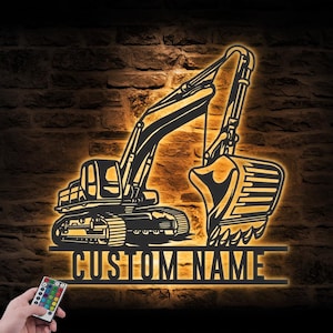 Custom Excavator Driver Metal Wall Art LED Light Personalized Excavator Name Sign Home Decor Construction Decoration Birthday Xmas Dad Gift