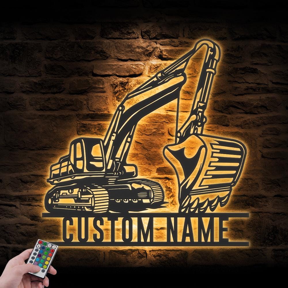 Custom Excavator Driver Metal Wall Art LED Light Personalized Excavator Name Sign Home Decor Construction Decoration Birthday Xmas Dad Gift