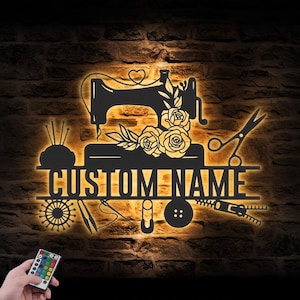 Custom Sewing Machine Metal Wall Art LED Light Personalized Tailor Shop Name Sign Home Decor Sew Quilting Sewciopath Decoration Mother Day