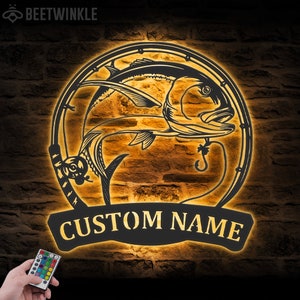 Benutzerdefinierte Riesen Makramee Angeln Metall Wand Kunst LED-Licht Personalisierte Fischer Name Zeichen Wohnkultur Kind Jungen Mädchen Kinderzimmer Dekoration Geburtstag