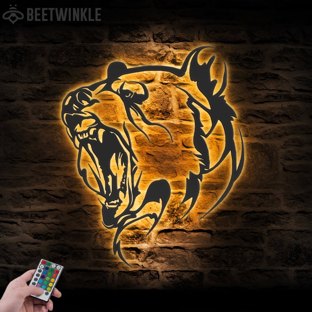Grizzly Bear Metal Wall Art LED Light Angry Bear Sign Home Decor Bear