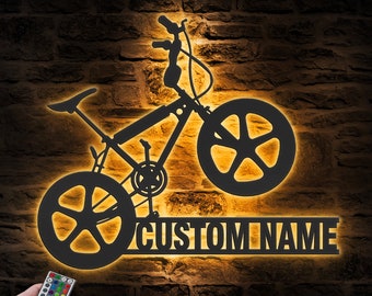 Custom BMX Bike Metal Wall Art LED Light Personalized Bicycle Racing Name Sign Home Decor Biker Decoration Boy Girl Birthday Xmas Gift