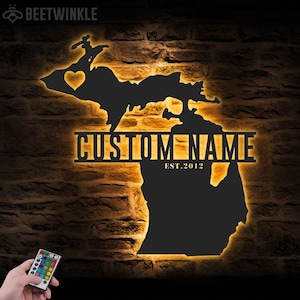 Custom Michigan Map Metal Wall Art LED Lights Personalized Michigan State Name Sign Home Decor Born in Michigan Decoration Housewarming Xmas