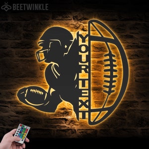 Custom Ball American Football Metal Wall Art LED Light Personalized Player Name Sign Home Decor Kid Nursery Decoration Birthday Xmas Gift