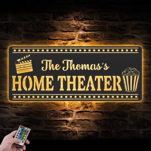 Custom Movie And Popcorn Metal Wall Art LED Light Personalized Family Cinema Home Theater Name Sign Home Decor Man Cave Decoration Birthday