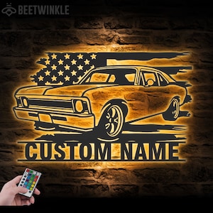 Custom US Garage Metal Wall Art LED Light Personalized Classic Muscle Car Name Sign Home Decor Mechanic Repair Decoration Repairman Birthday