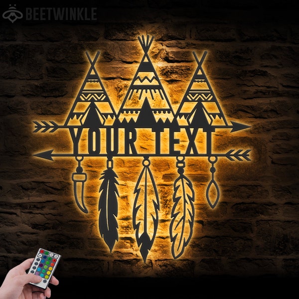 Benutzerdefinierte Zelt Native American Indian Tipi Metall Wand Kunst LED-Licht Personalisierte Indianer Krieger Name Schild Wohnkultur Stamm Zelte Dekoration