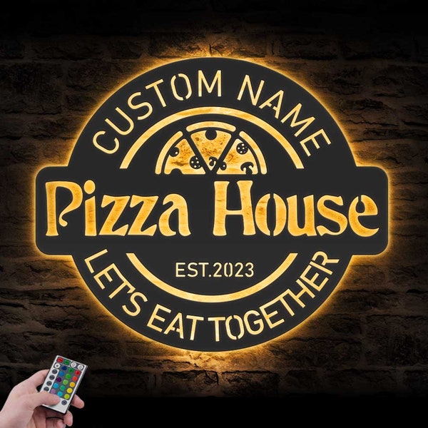 Custom Pizzeria Restaurant Metal Wall Art LED Light Personalized Pizza House Name Sign Home Decor Business Logo Decoration Birthday Xmas