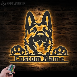 Custom German Shepherd Metal Wall Art LED Light Personalized Dog Lover Name Sign Home Decor Kids Nursery Pet Decoration Birthday Christmas