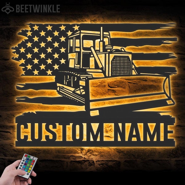 Custom US Bulldozer Driver Metal Wall Art LED Light Personalized Bulldozer Excavator Name Sign Home Decor Heavy Equipment Decoration