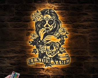 Custom Couple Sugar Skull Rose Ball Metal Wall Art LED Light Personalized Skull Lover Name Sign Home Decor Floral Skull Valentine&#39;s Day Gift