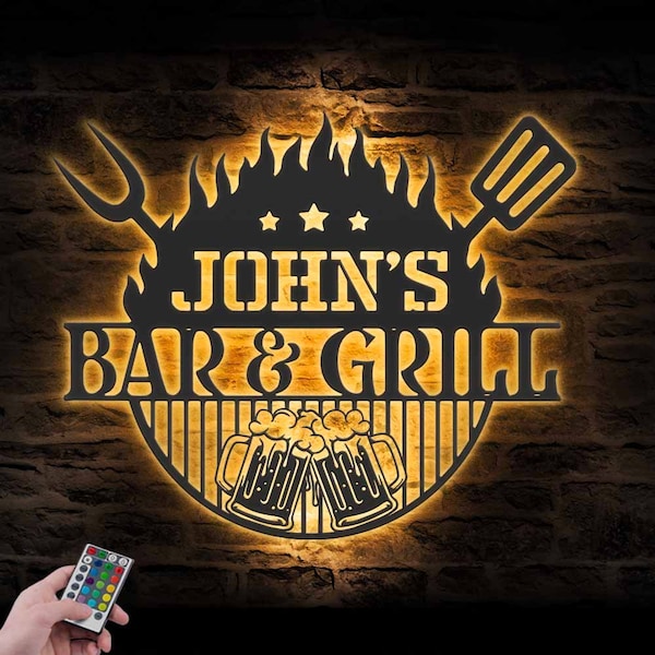 Custom Beer Bar and Grill Metal Wall Art LED Light Personalized Backyard BBQ Name Sign Home Decor Barbecue Decoration Patio Housewarming