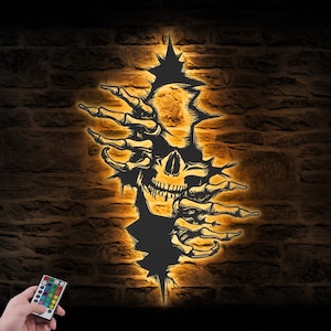 Skull In The Wall Metal Wall Art LED Light Skeleton Coming Out Sign Home Decor Horror Skull Halloween Decoration Skeleton Housewarming