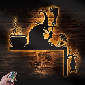 Halloween Tür Ecke Metall Wand Kunst mit LED-Licht Spooky Kessel Hexe mit Raben Zeichen Home Decor Fledermaus Tür Topper Dekoration Hängende Tür