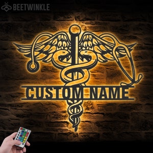 Custom Medical Symbol Caduceus MD Star Nursing Metal Wall Art LED Light Personalized Nurse Hearting Name Sign Decor RN Doctor Decoration