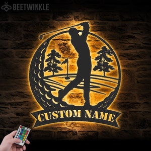 Arte de parede de metal personalizada para golfe, luz LED, placa com nome do jogador de golfe, decoração para casa, taco de golfe de 19 buracos, decoração de aniversário, Natal, presentes para o pai