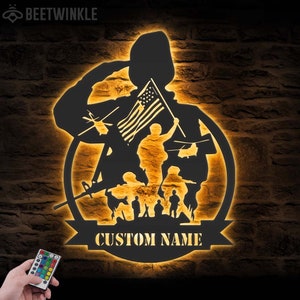 Custom US Soldier Military Metal Wall Art LED Light Personalized American Army Name Sign Home Decor Veteran Patriotic Decoration Xmas gifts