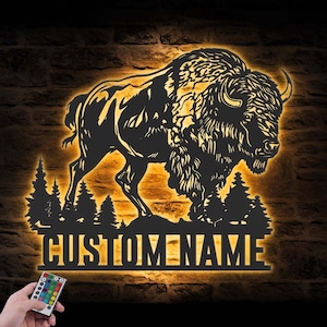 Custom Bison Farmhouse Metal Wall Art LED Light Personalized Buffalo Farm Name Sign Home Decor Heifer Cow Barn Decoration Farmer Birthday