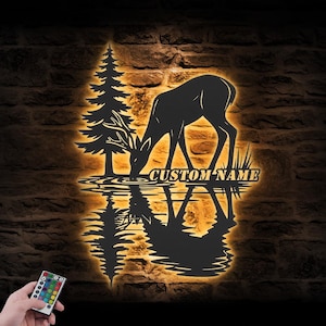 Custom ELK Deer Hunting Metal Wall Art LED Light Personalized Buck Hunter Name Sign Home Decor Antler Cabin Decoration Christmas birthday