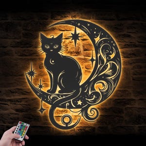 Black Cat On The Moon Metal Wall Art with LED Light Moon Cat Sign Home Decor Crescent Moon Decoration Mystical Hanging Door Housewarming