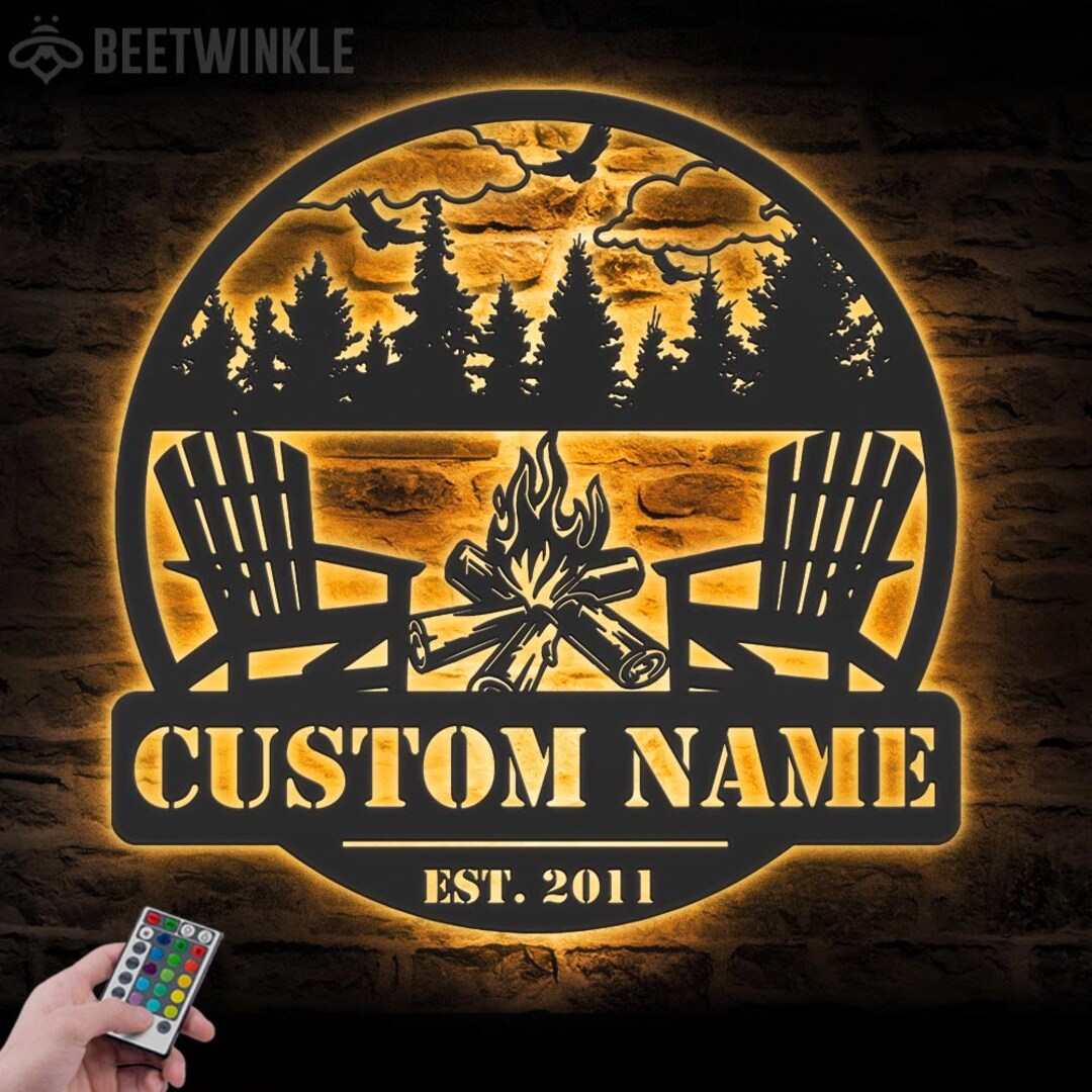 Custom Fire Pit Lake House Metal Wall Art LED Light Personalized