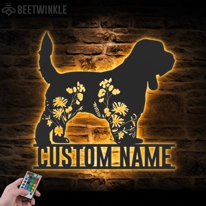 Custom FLoral Grand Basset Griffon Vendeen Metal Wall Art LED Light Personalized Wild Flower Dog Lover Name Sign Home Decor Pet Animal