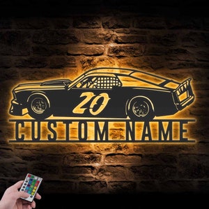 Custom Sport Car Garage Metal Wall Art LED Light Personalized Super Car Racing Flag Name Sign Decor Mechanic Repair Decoration Racer Gift