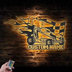 Custom Racing Flag Sprint Car Metal Wall Art LED Lights Personalized Racer Name Sign Home Decor Car Racing Decoration Man Cave Christmas