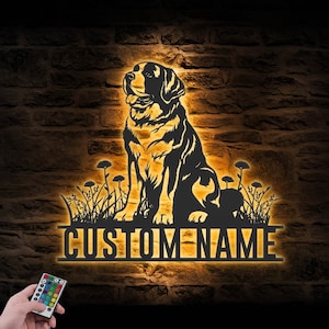 Custom Saint Bernard Metal Wall Art LED Light Personalized St. Bernard Dog Lover Name Sign Home Decor Kid Nursery Pet Animal Decoration Xmas