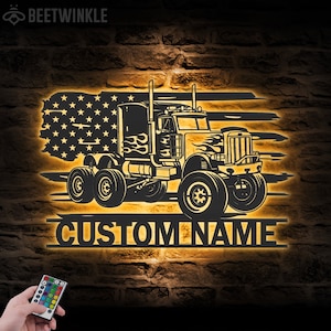 Custom US Semi Truck Driver Metal Wall Art LED Light Personalized Trucker Name Sign Home Decor 18 wheeler Decoration Birthday Xmas Dad Gifts