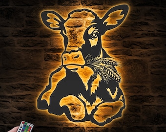 Arte de pared de Metal para granja de vacas lecheras, luz LED, letrero divertido para granja de becerros, decoración del hogar, decoración para guardería, Navidad