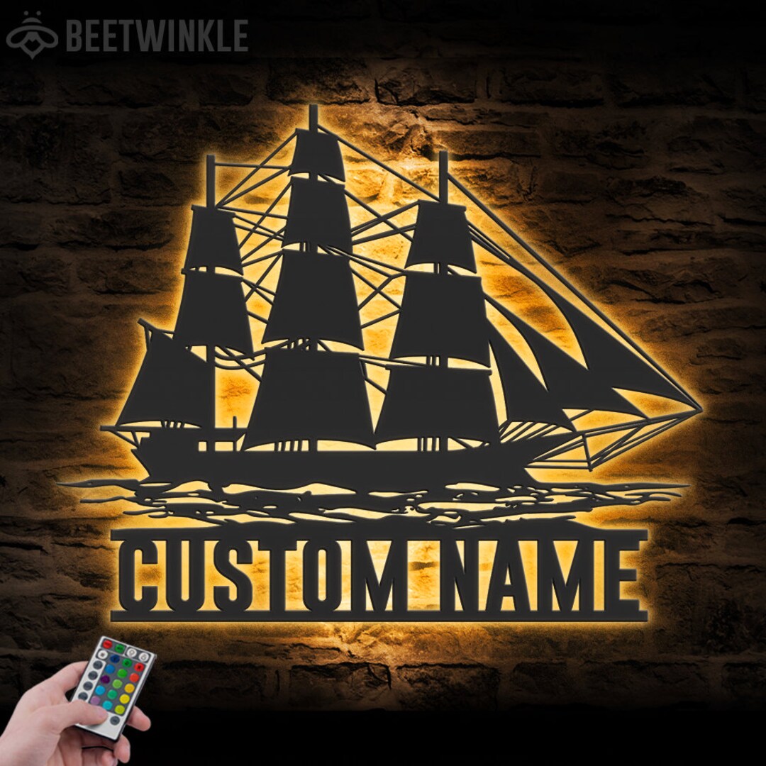 Custom Sailing Ship Metal Wall Art LED Light Personalized Sailboat Name